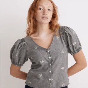 Madewell | Embroidered Flannel Bubble-Sleeve Crop Shirt